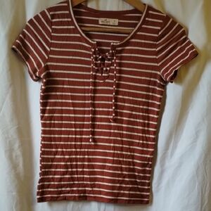 Hollister Brown and White Striped Lace-Up Tee